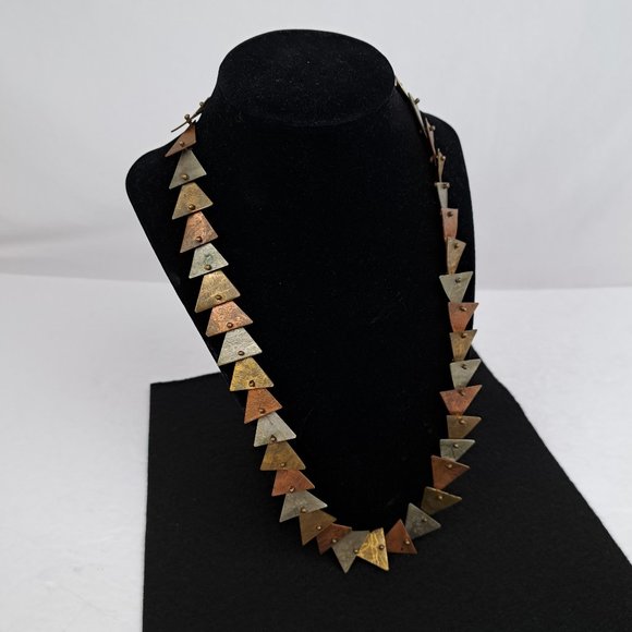 Vintage Mixed Metal Necklace & Earrings Triangle Shape Metal Pieces - Picture 3 of 16